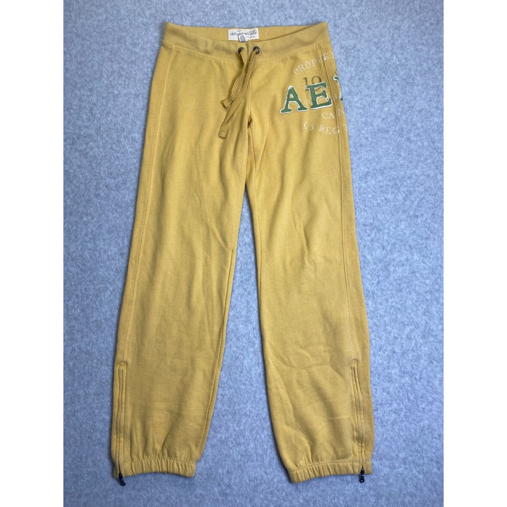 VTG Aeropostale Womens XS Yellow Graphic Jogger Sweatpants Ankle Zip Drawstring